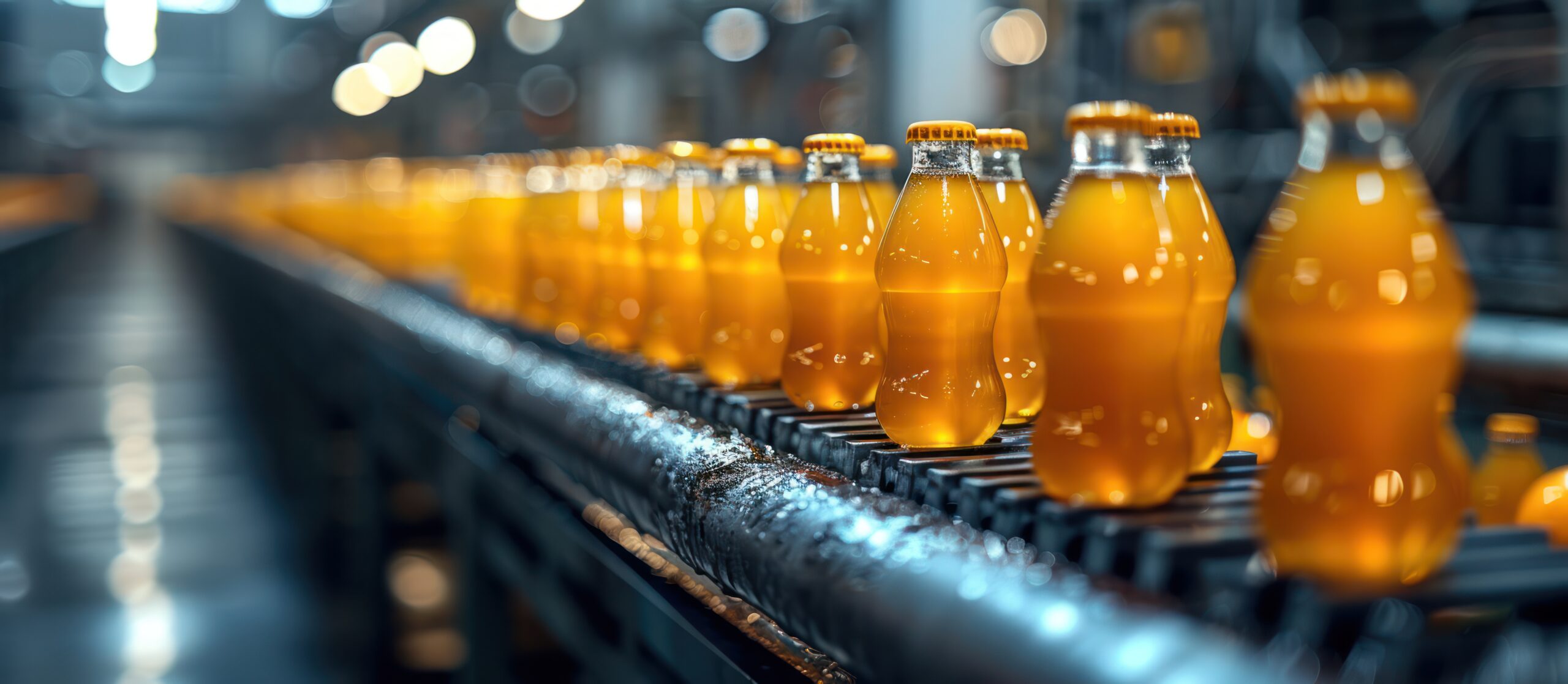 Bottles of Orange Juice Moving Along a Conveyor Belt
